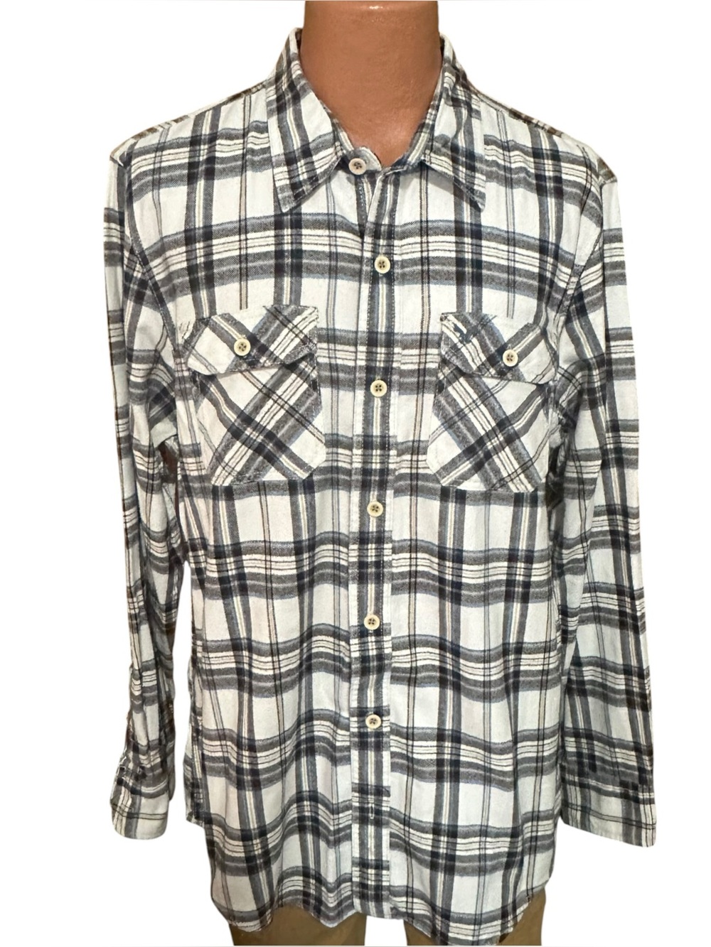 American Eagle Flannel Shirt Mens XL White Blue Plaid Pockets Eagle Lumberjack